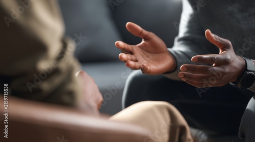 Engaged conversation between two individuals emphasizing connection and communication in a modern setting perfect for showcasing interpersonal relationships. Generative AI