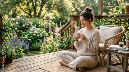 Woman Holding Steaming Coffee Cup Sitting Relaxed On Wood Porch Garden Deck With Blooming Flowers During Calm Sunny Morning Serene Home Leisure Time
