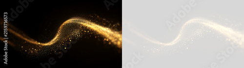 Golden glitter wave with sparkling light trail. Transparent PNG and black background overlay. Magic dust particle effect