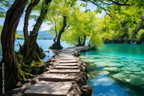 Wooden pathway immersing in clear turquoise plitvice lake water with vibrant green trees and mountains