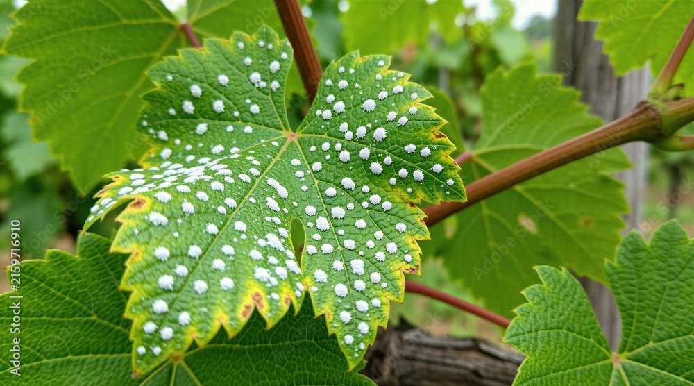 Naklejka premium Green grapevine leaf showing fungal infection with white powdery spots. Macro view of grape foliage affected by plant disease in vineyard. Agriculture issues with mold growth on vine crops. Botanical