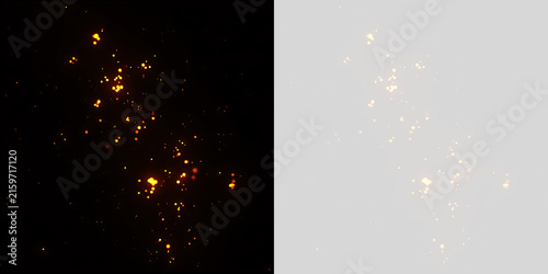 Flying fire sparks and glowing embers overlay on black and transparent background. Bright orange particles and burning ash design element. Abstract heat light effect