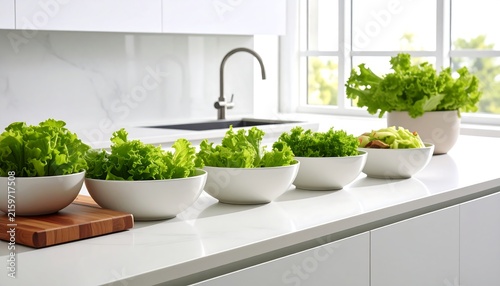 Modern kitchen counter with potted herbs and sink.