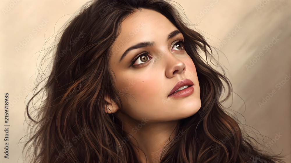 Naklejka premium Close-up portrait of young Middle Eastern woman with wavy dark hair looking thoughtfully sideways