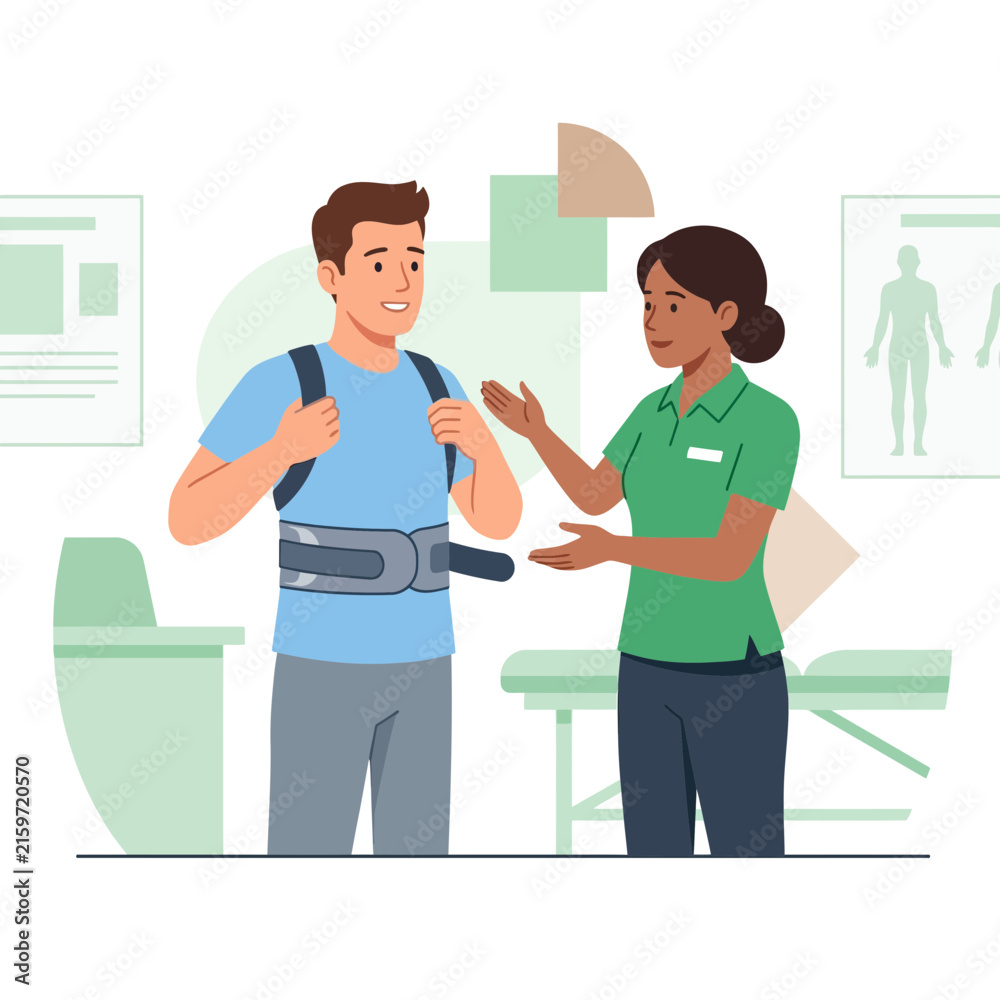 Fototapeta premium Physical Therapist Assists Patient with Back Brace in Rehabilitation Clinic