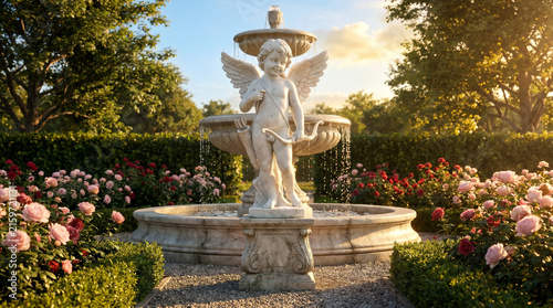 Cupid statue in a romantic classical garden, medium shot with fountain and roses, concept of timeless beauty