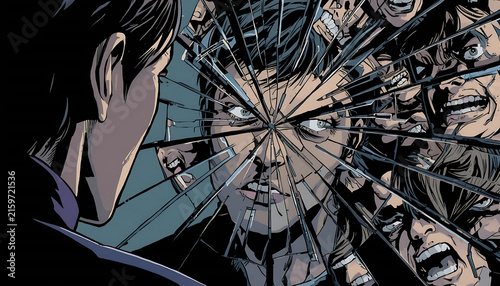 Splitting glass shows intense face behind shards. One person stares through fractured view, eyes wide. Others scream behind broken pane, expressions raw. Scene conveys shock, anger, or betrayal