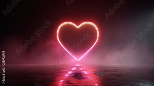 Glowing Neon Heart Symbol on Dark Romantic Background with Pink Light and Reflection