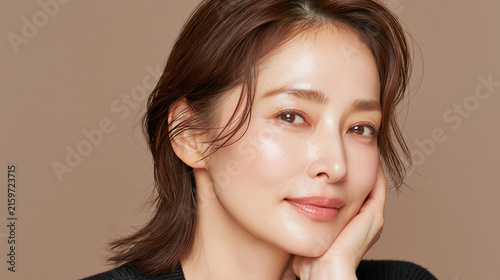 Naklejka 日本人, 女性, 50代, 40代, ミドル, シニア, 美容, スキンケア, エイジングケア, 健康, ライフスタイル, 美人, ナチュラル, 清潔感, 透明感, 白背景, コピースペース, 広告素材, 信頼感, 微笑み, ウェルビーイング, 上半身, 視線, ポニーテール, 化粧品, エステ, 自己肯定感, オーセンティック, ポジティブエイジング, 日本, ウェルエイジング, サプリメント,