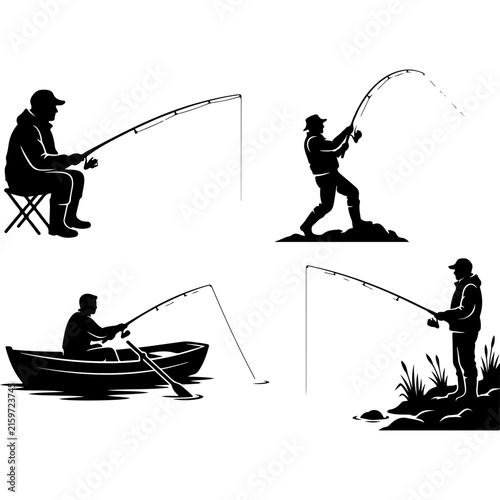 Fishing silhouette vector set, fisherman with rod and boat icons, black and white angling collection for outdoor sports logos