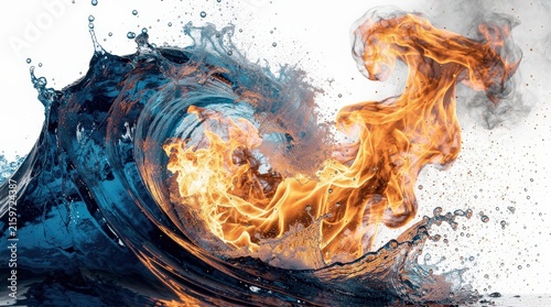 A dynamic and artistic depiction of fire and water clashing, creating a dramatic swirl of flames and splashing water droplets against a white background.