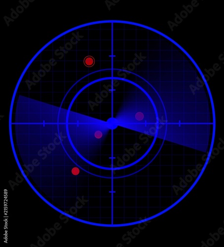 Canvastavla Blue radar screen with grid, concentric circles, and red target blips display so