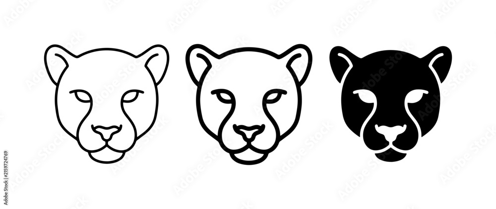 Obraz premium Cheetah Head Icons: Line Art, Outline, and Solid Black Vector Graphics