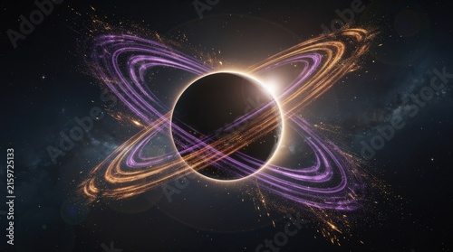 A cosmic black hole surrounded by glowing, swirling purple and orange energy rings set against a starry space background.
