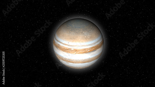 Fotografía Jupiter planet with swirling bands of orange and white in deep space solar syste
