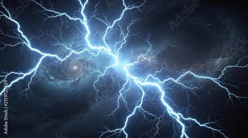 Bright bolts of lightning electrify a dark, stormy night sky filled with swirling clouds and distant stars.