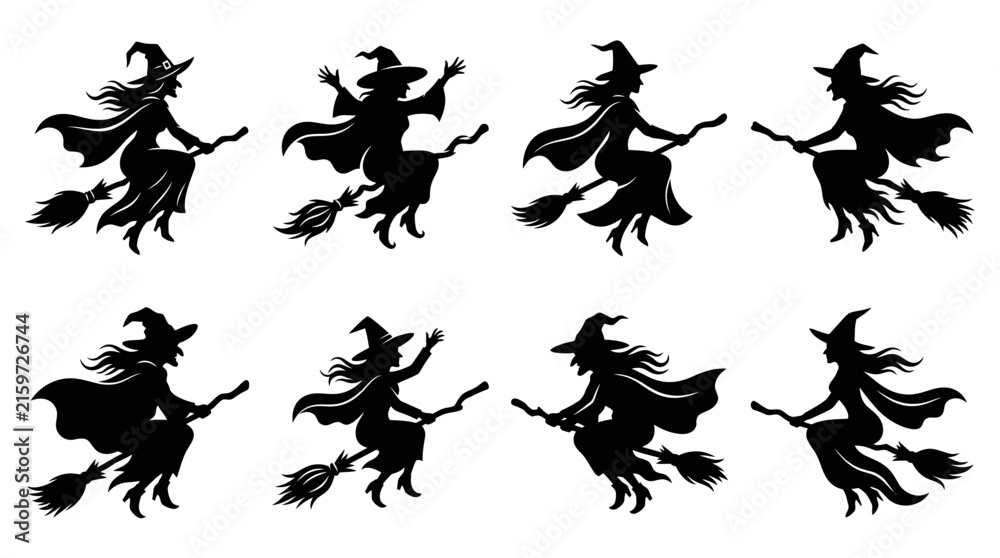 Fototapeta premium Collection of black witch silhouettes flying on broomsticks
