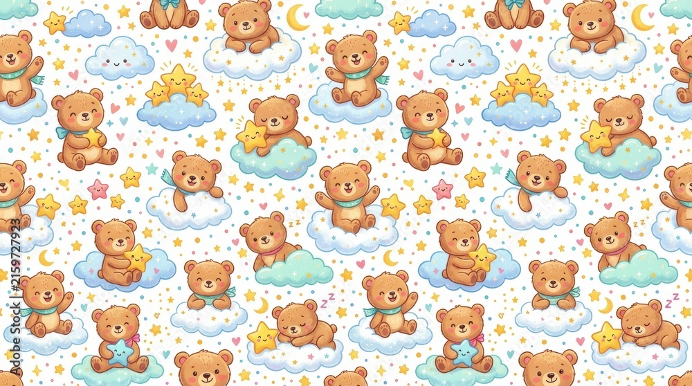Fototapeta premium Cute teddy bear pattern with clouds and stars. Seamless nursery wallpaper for baby decor.