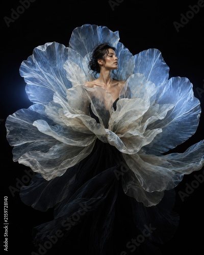 Ethereal fine art portrait of a woman in a colossal, translucent organza flower dress on a black background, dark aesthetic, fashion editorial, haute couture concept