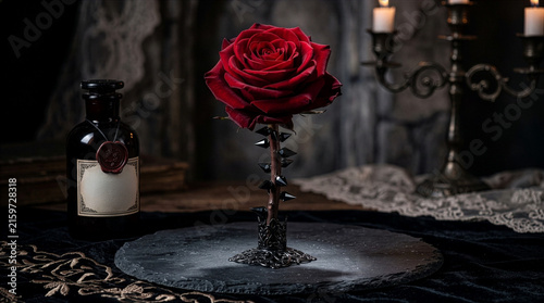 Luxurious crimson rose decorated with obsidian crystal thorns under dramatic spotlight, dark romantic vampire-inspired gothic photography