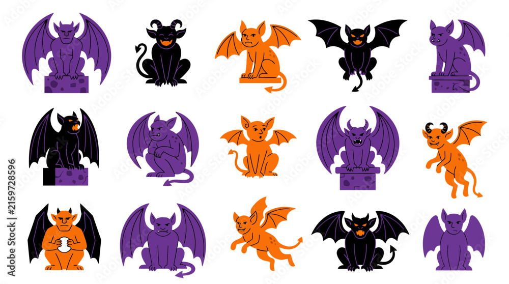Obraz premium Set of cartoon gargoyles and mythical stone creatures in halloween colors