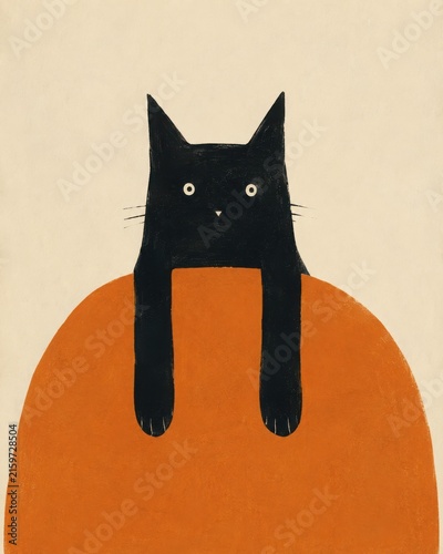 Quirky minimalist illustration of a cute black cat with long dangling paws peering over a rounded textured orange hill shape on a cream background