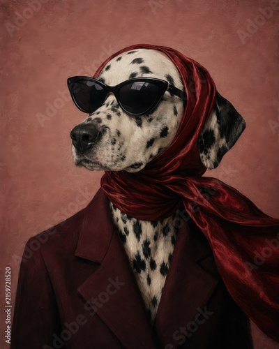 Vintage Glamour Dalmation Portrait: Stylish Dog in Red Velvet Scarf and Sunglasses against Dusty Rose Background for Fashionable Branding