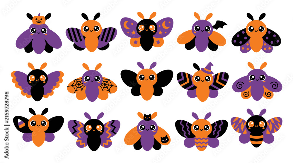 Obraz premium Set of cute halloween moths vector illustration kawaii bug insect character