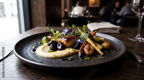 Modern restaurant dish featuring roasted root vegetables, puree, microgreens, and balsamic reduction served on a sleek dark plate