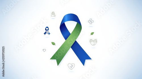 A green and blue awareness ribbon surrounded by health and care icons symbolizing support, wellness, and medical awareness.