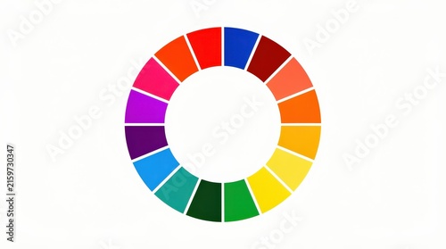 A circular arrangement of 18 color blocks in a gradient spectrum from red through purple, blue, green, and yellow on a white background.
