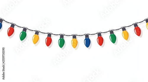 A string of colorful Christmas lights with red, green, yellow, and blue bulbs hanging against a white background.