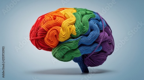 A colorful brain model made of yarn, highlighting different brain regions with vibrant colors on a neutral background.