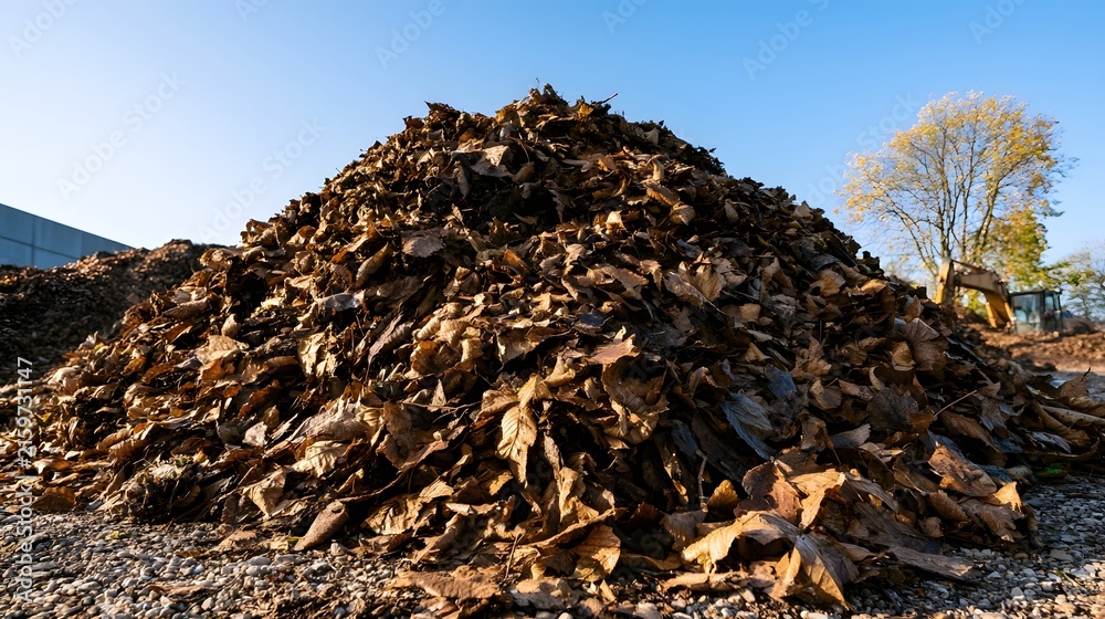 Fototapeta premium Large pile of dried autumn leaves under clear blue sky with construction equipment in background