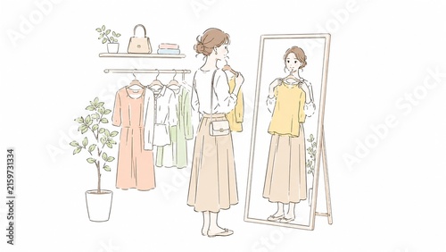 クローゼットの洋服を鏡の前で試着して選ぶ女性のライフスタイル