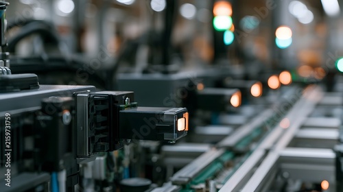 Close up of industrial automation equipment with glowing indicator lights along a conveyor system in a modern factory setting