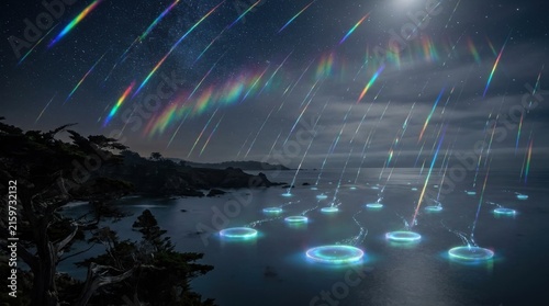 Abstract Digital Light Rain Falling Onto Glowing Circular Nodes at Night