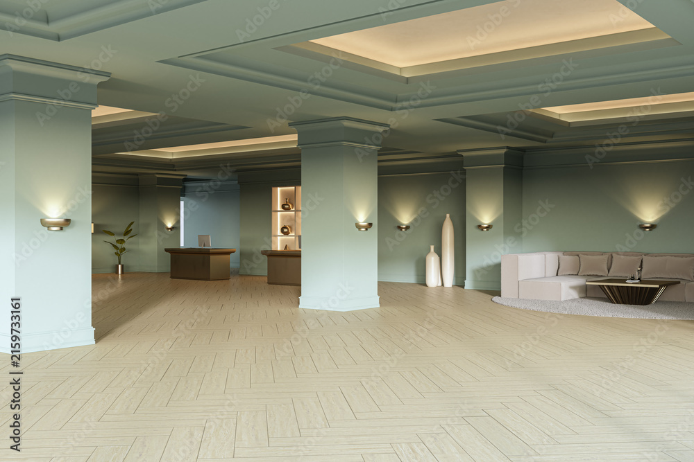 Fototapeta premium Elegant modern corporate office reception interior with columns, illuminated ceiling, desk counters, lounge seating, and spacious hall design. 3D Rendering