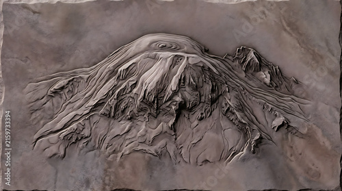 Obraz na płótnie Volcanic Landscape Bas-relief: A detailed bas-relief sculpture depicting a rugged volcanic landscape with intricate textures and dramatic contours, evoking the raw power of nature