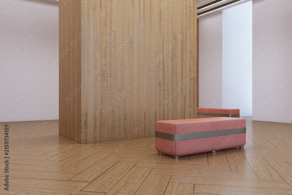 Fototapeta premium Modern gallery interior with wooden wall, parquet floor, and pink upholstered bench for exhibition branding and advertising mockup design. 3D Rendering