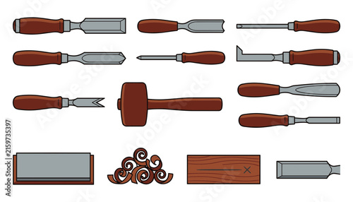 Quadro su tela Professional Wood Carving Chisels and Gouges Vector Set with Wooden Mallet Sharp