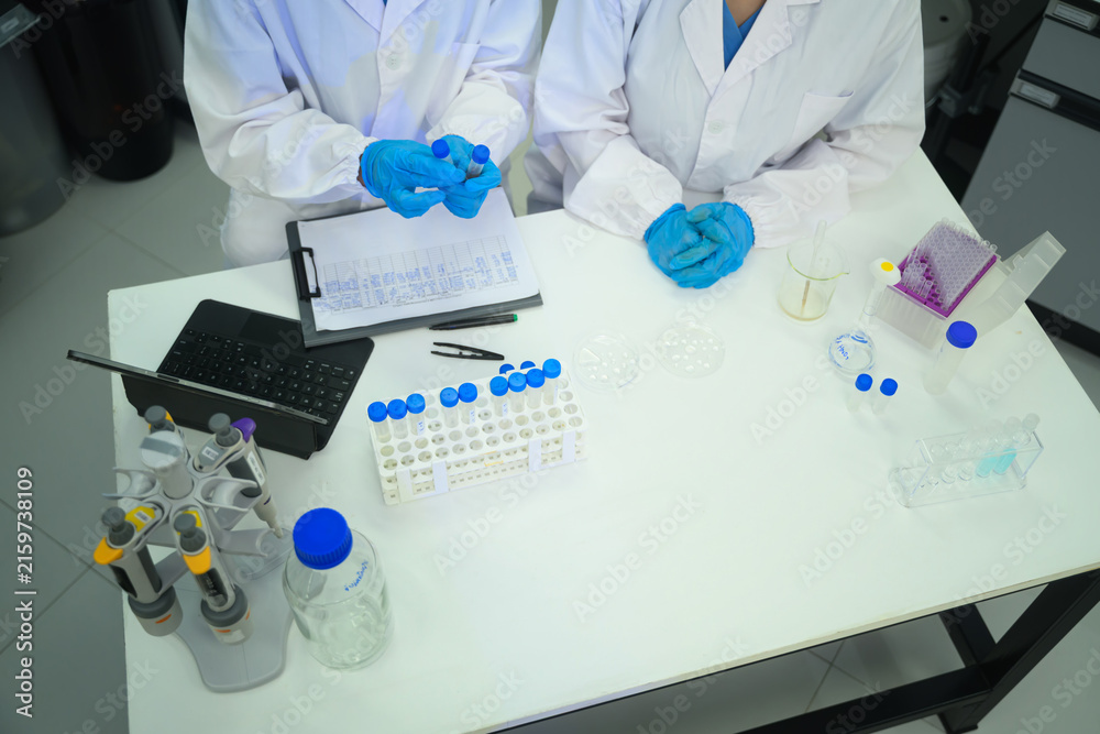 Fototapeta premium Two Scientists in White Lab Coats Collaborating at Laboratory Workbench with Test Tubes and Equipment