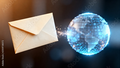 a cream envelope floating beside a glowing digital sphere for World Post Day