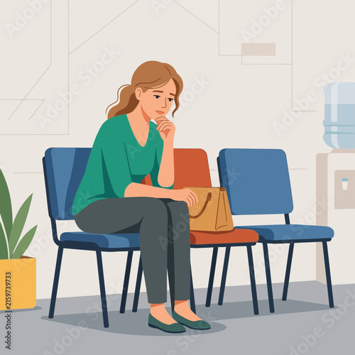 Woman anxiously waiting in a doctor's office, clinic, or reception area. Vector illustration.