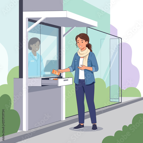 Woman at a service window, receiving medication or goods from a cashier through a glass partition.