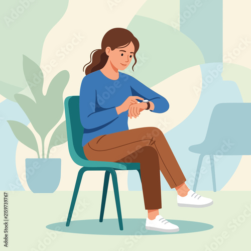 Woman checking smartwatch while sitting on chair, modern flat illustration, technology and lifestyle