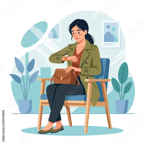 Woman impatiently checking her watch while waiting, vector illustration.