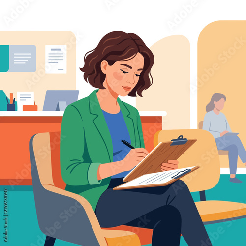 Woman in a green jacket writing on clipboard while sitting in waiting room, other person in background