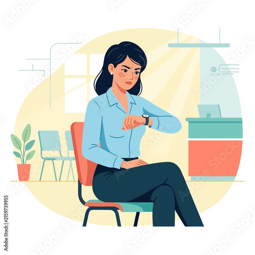 Woman impatiently checking watch while waiting in office reception area with plants and chairs.