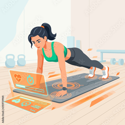 Woman doing plank exercise following digital fitness app on smart mat and laptop with futuristic interface